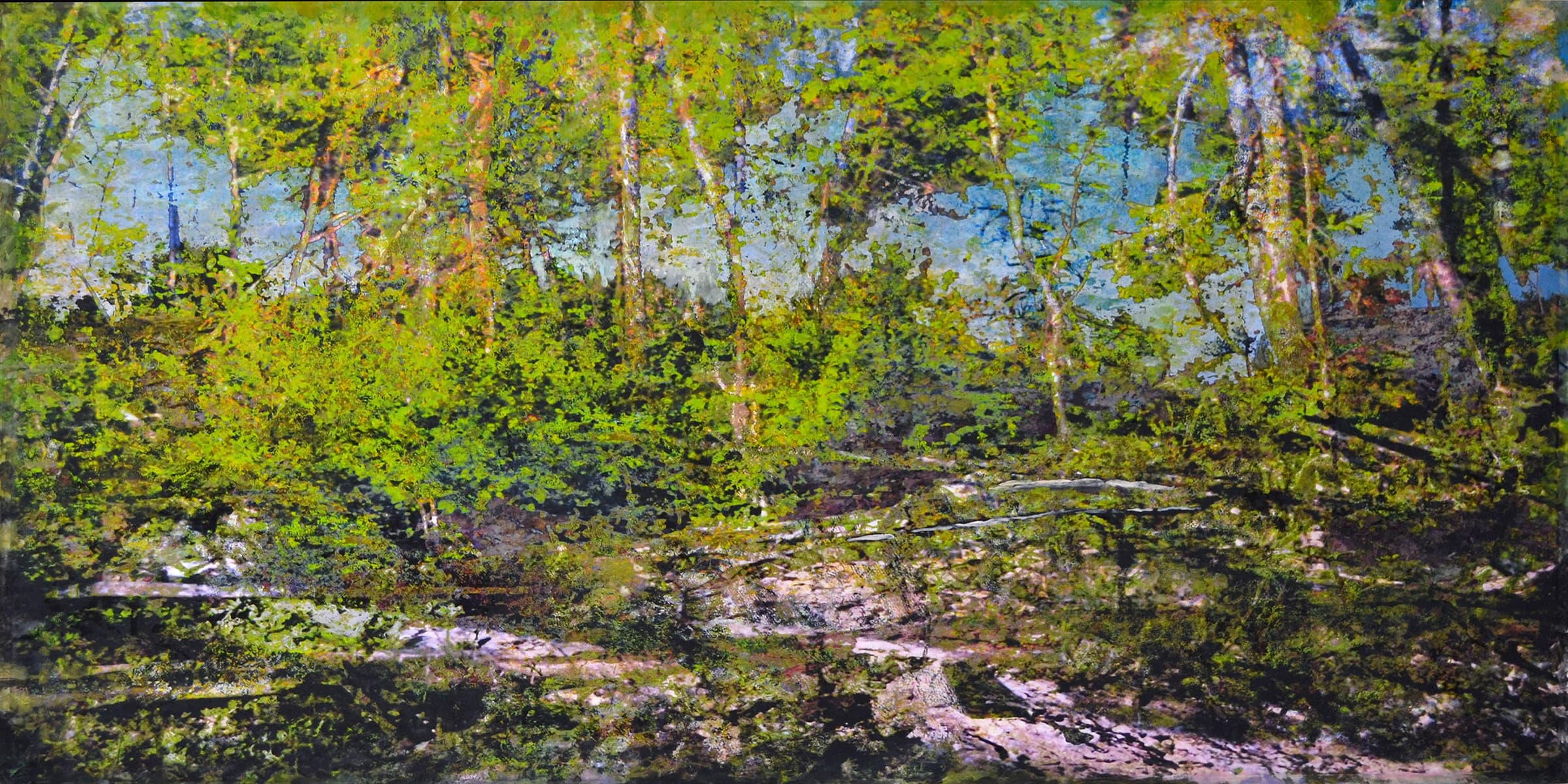 An acrylic multi media landscape on canvas and wood panel painted trees in vibrant greens and blues with a hint of pink.