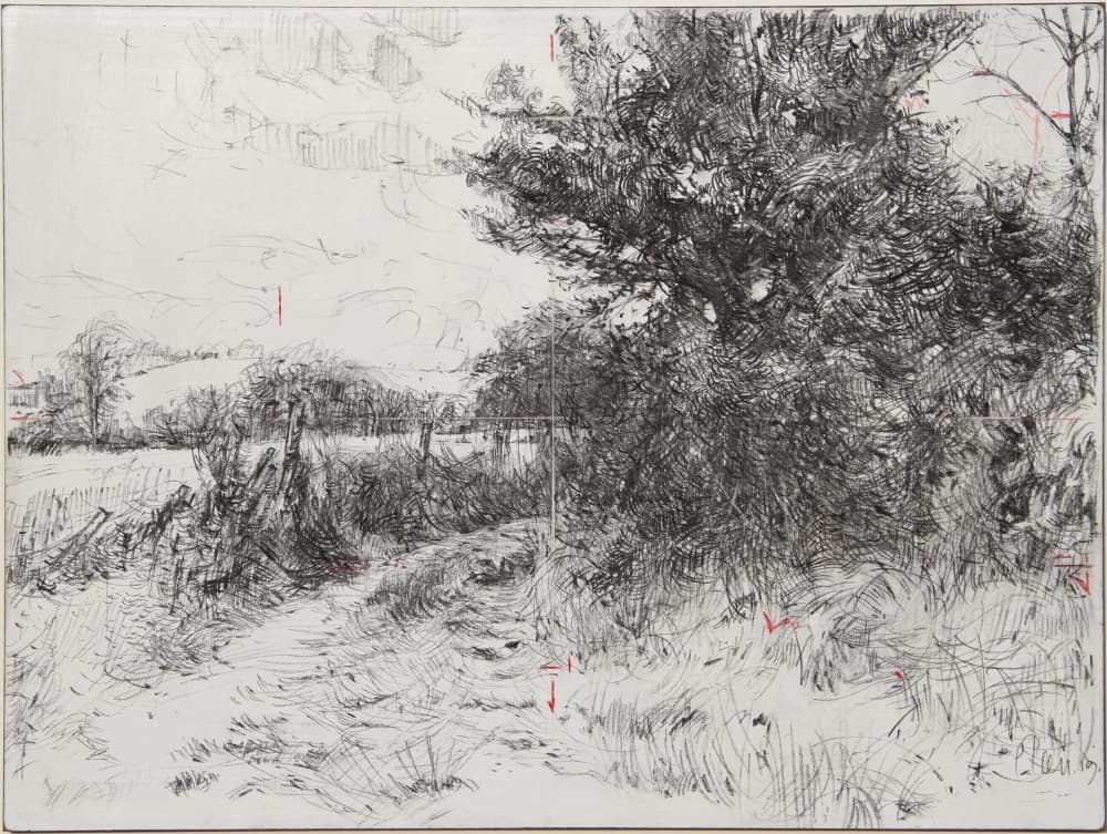 drawing, mark-making, road, countryside, England, grey, trees, field