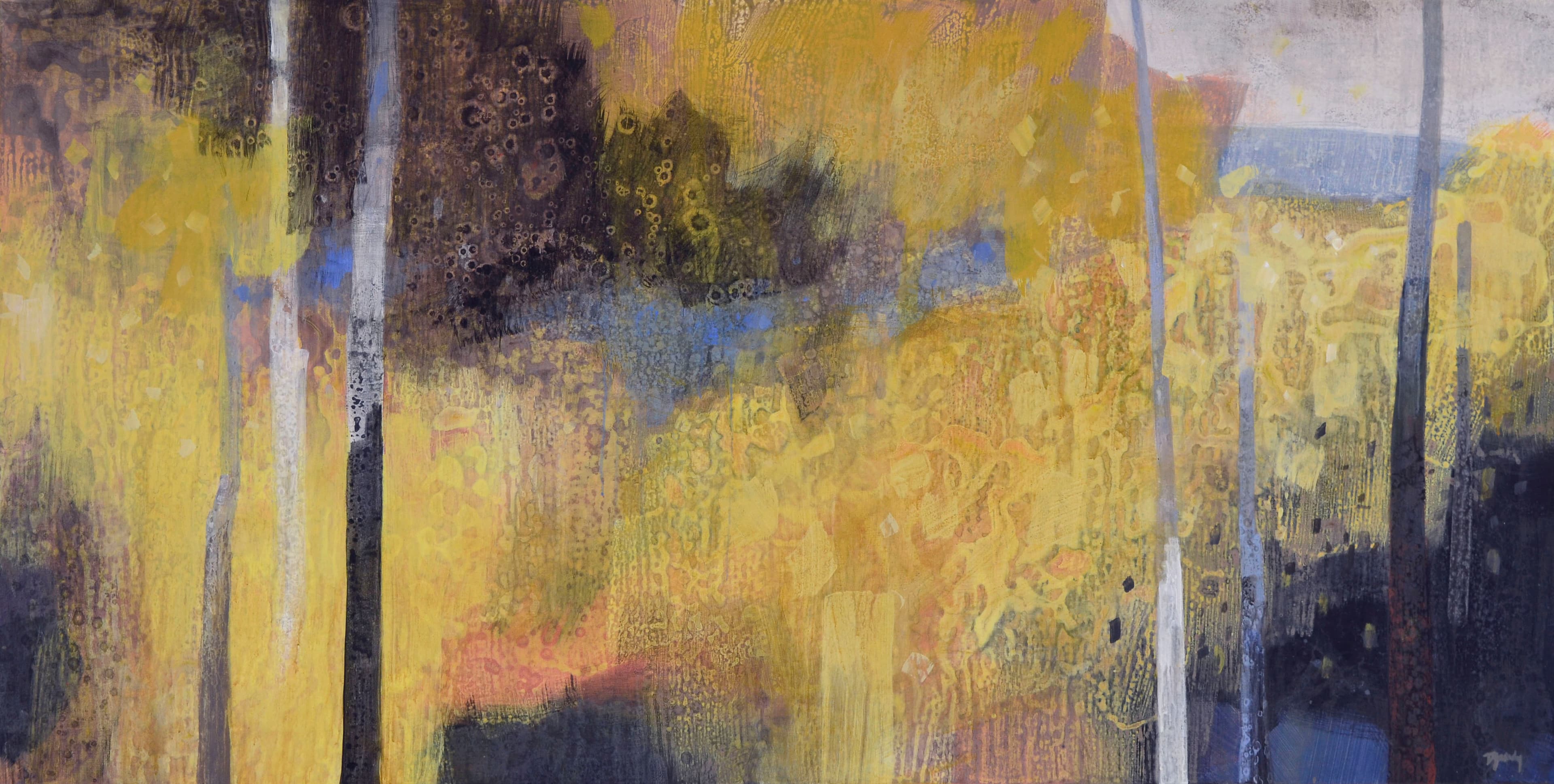 landscape in the distance through the trees, aspen, birch, golden tones