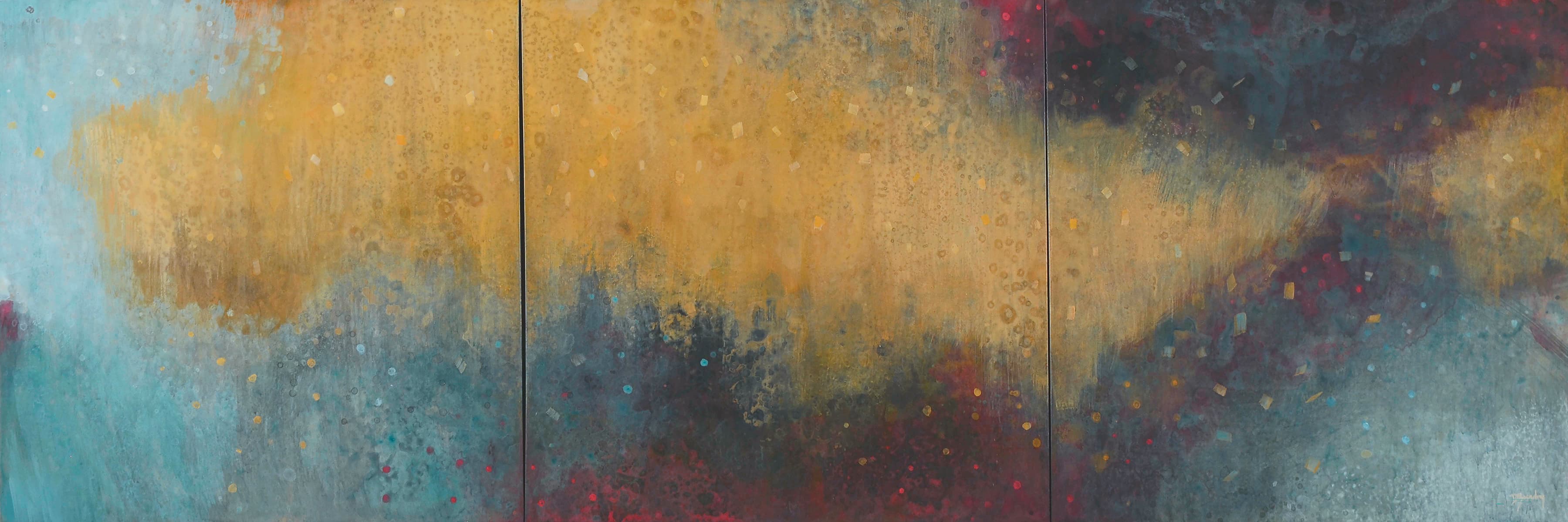 Forest Abstract painting in gold, turquoise and scarlet, soft fluid brushwork.