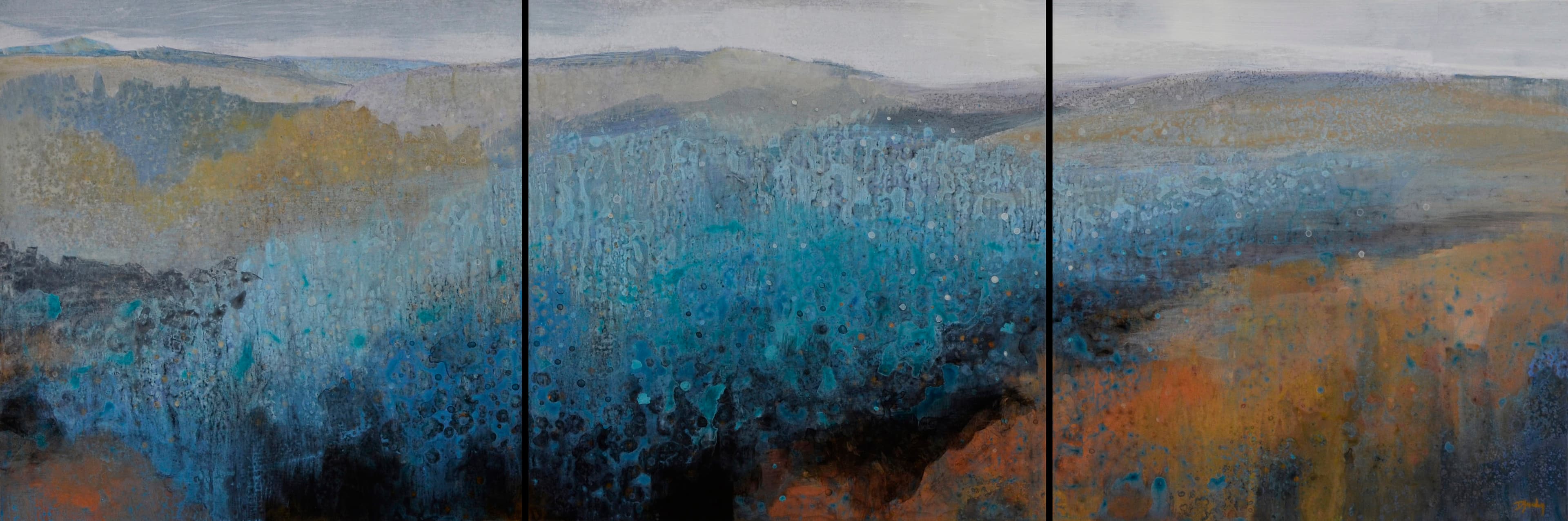 river, rolling hills, trees and brush, earth tones