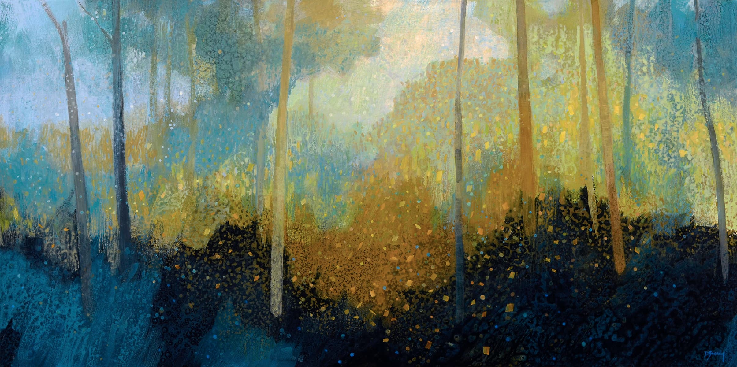 Large scale landscape painting in blue, turquoise and soft golden tones. Light shining through trees. Canadian, fall, abstracted, layers, fall, earth, river valley, abstraction, leaves