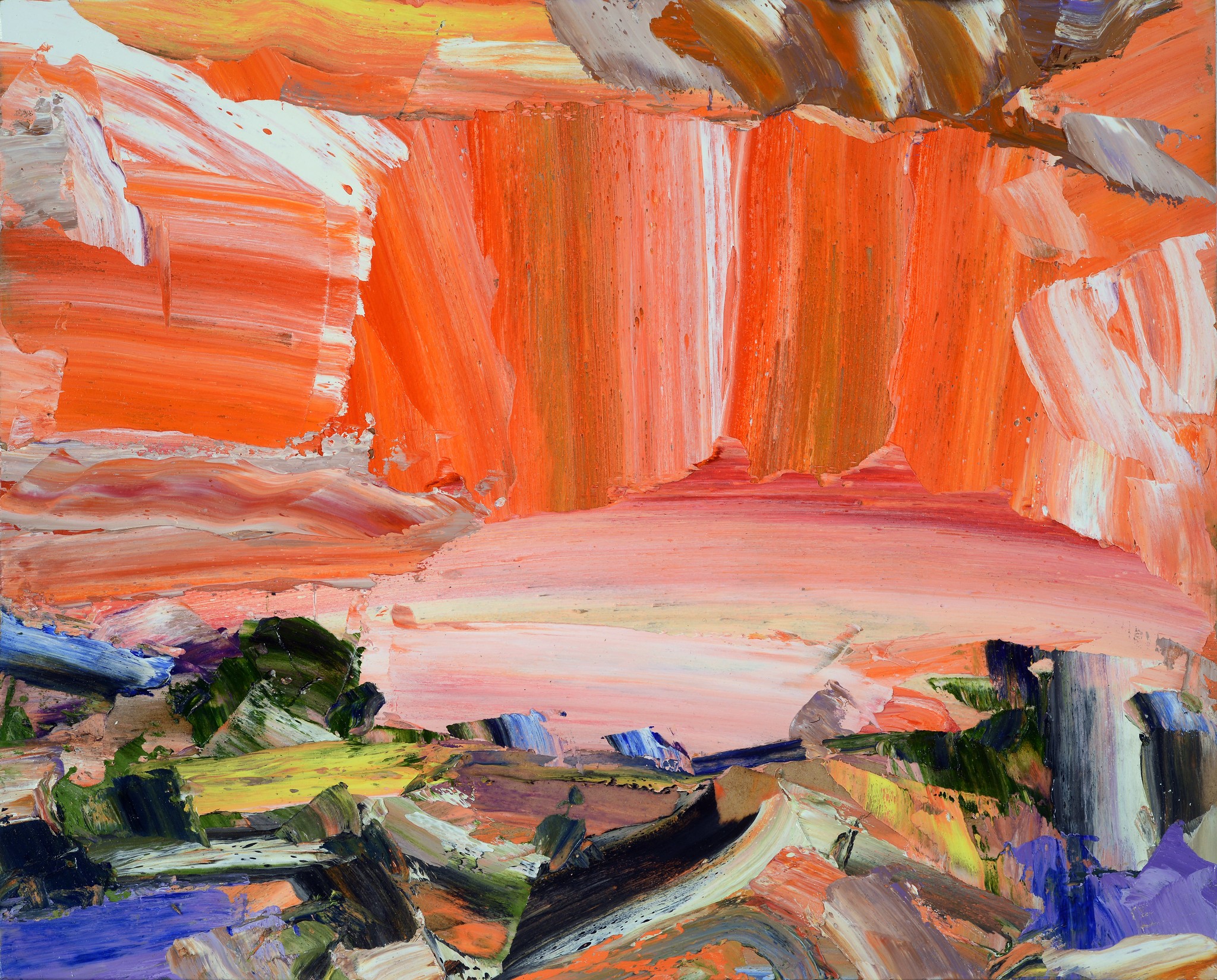 Landscape, abstracted, Ontario artist, chunky, red, fire, drama