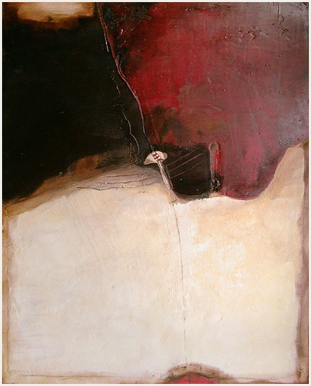 abstract art, mixed media, earthy, contemporary art, face, bold, vertical, black and red, envelope, ochre, texture, sand, light house