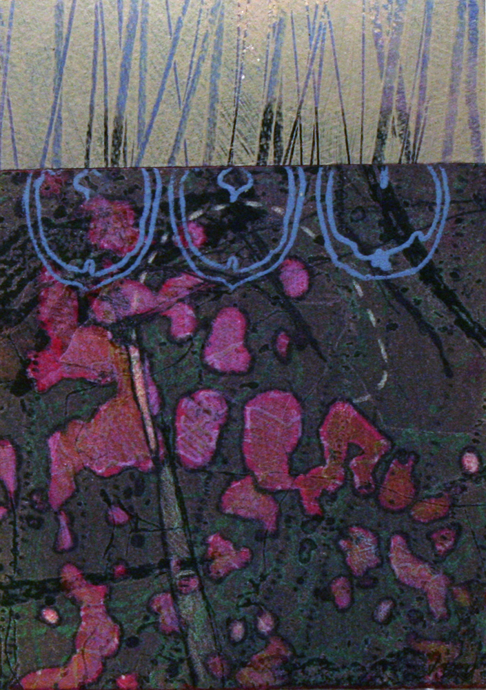 miniature, sketch, abstract, collage, mixed media, purple, hot pink