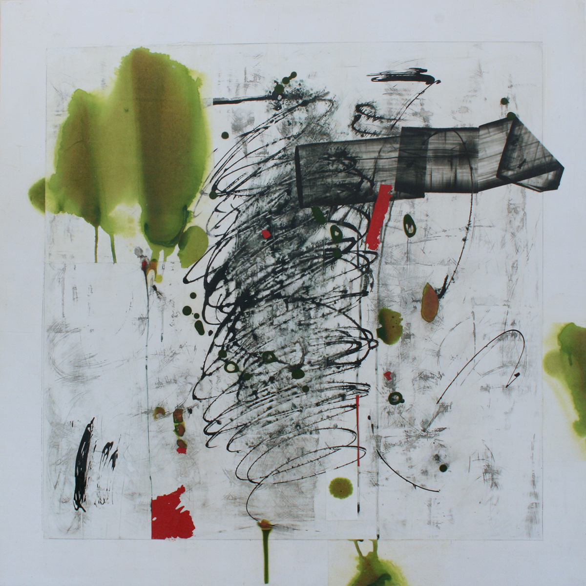 Abstraction, orange, collage, lime green, gesso