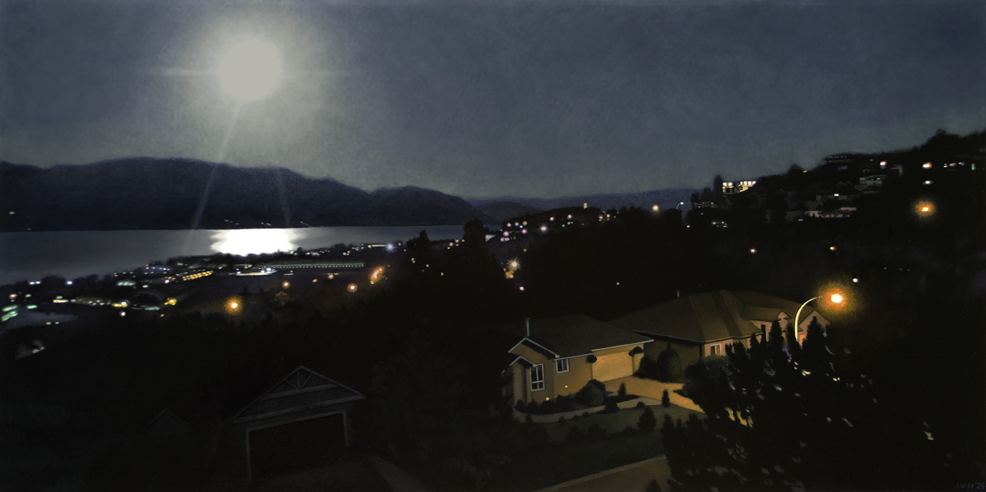 Nocturne, moon, full, dark lighting, Kelowna, street, suburb, deck