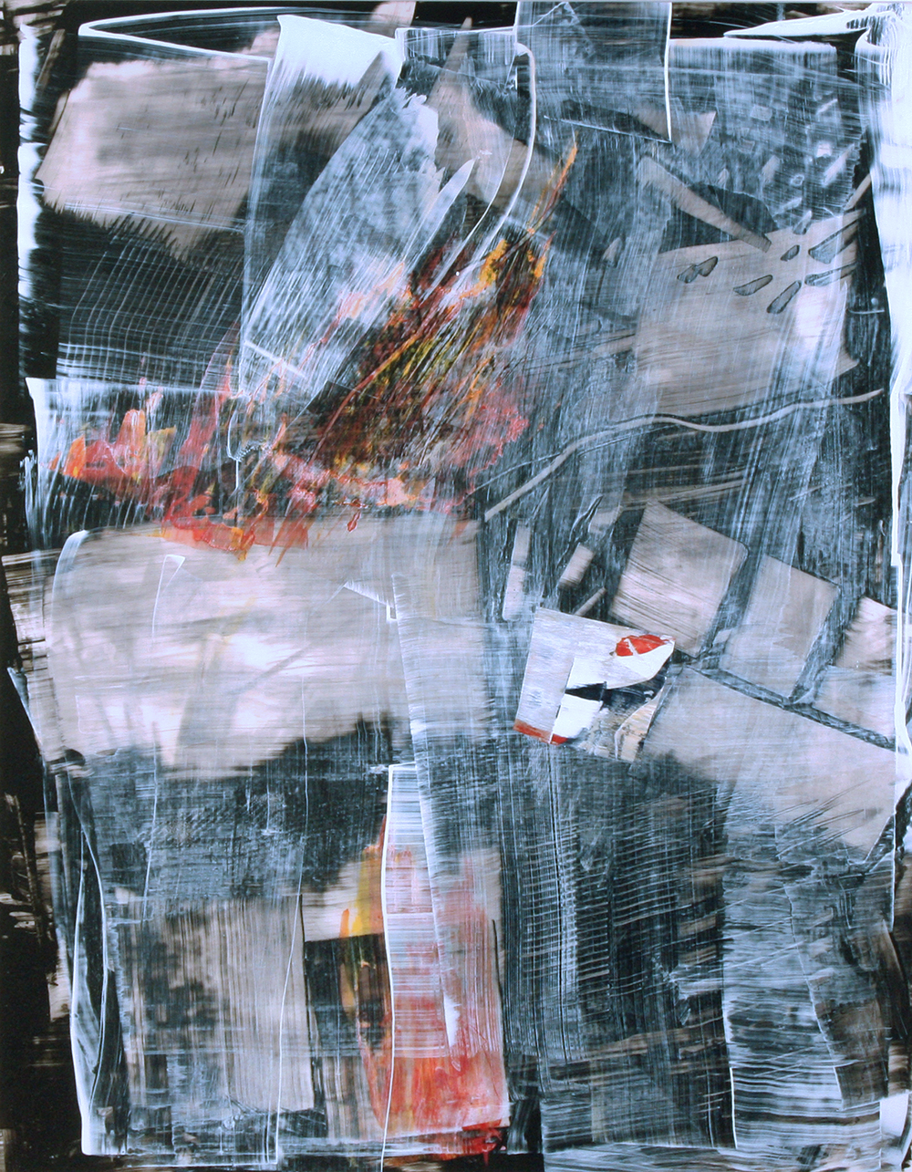 abstraction, layers, black and white, forms, dark, Riopelle, collage, movement, Mylar, translucent, Canadian, pink touches, balance