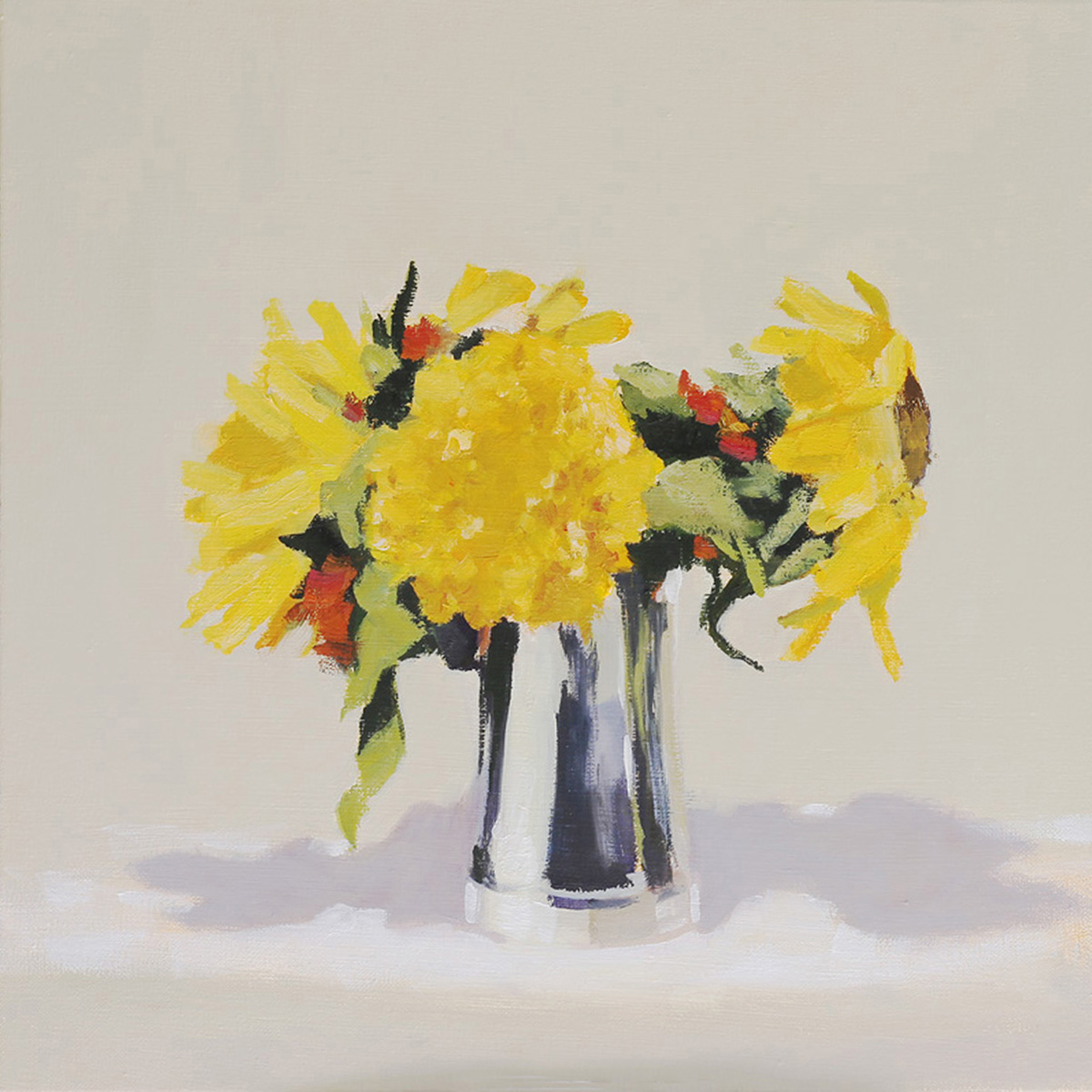 bouquet, flowers, plein-air, in situ, silver, container, still life, dark background, teddy, yellow flowers