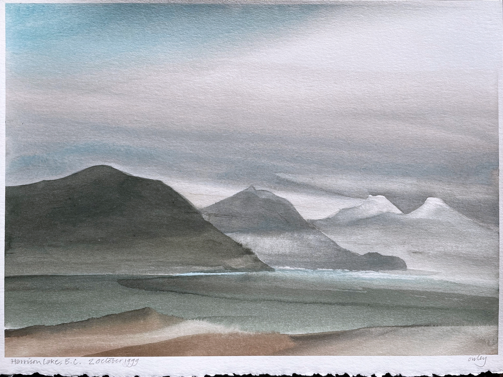 watercolor, mountains, distance, inlet