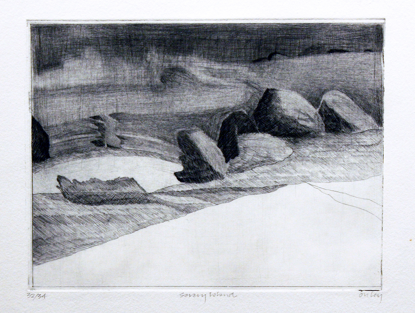 rocks, watercolour, British Columbia, Isle of Man, Canadian, islands, coastal, trees, inlet, water, black and white, etching