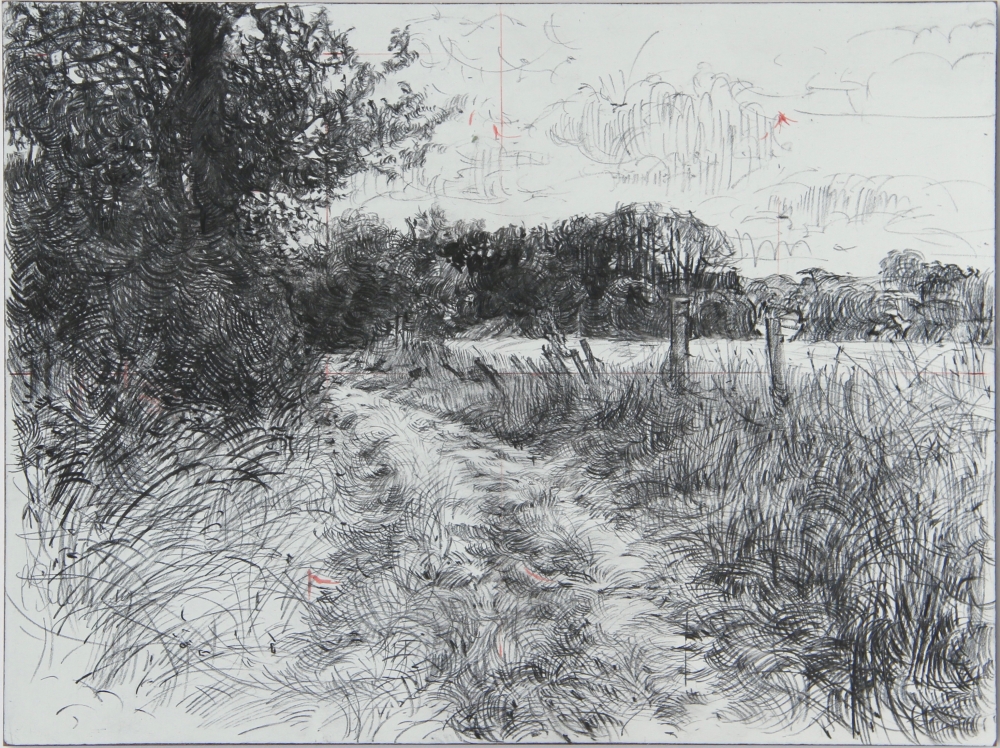 drawing, mark-making, road, countryside, England, fence, laneway